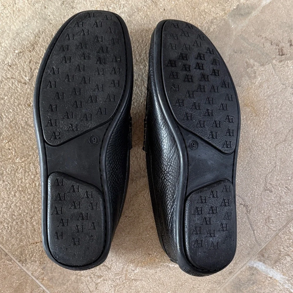 Austen Heller Black Pebble Leather Penny Loafers with Tan Insole
